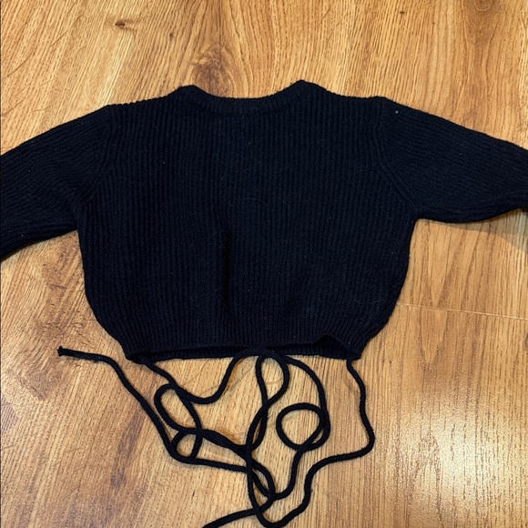 Adika Sweaters - Adika Black Cropped Crewneck Sweater with Tie-Back Detail